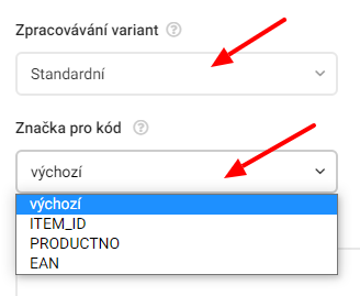 Zpracování variant a značky pro kód